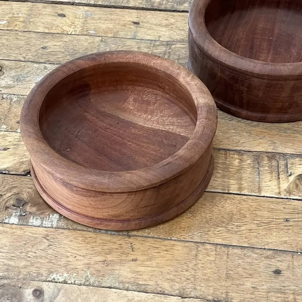 Hand-Turned Rustic Wooden Bowls Set of 2 6 in Teak Wood